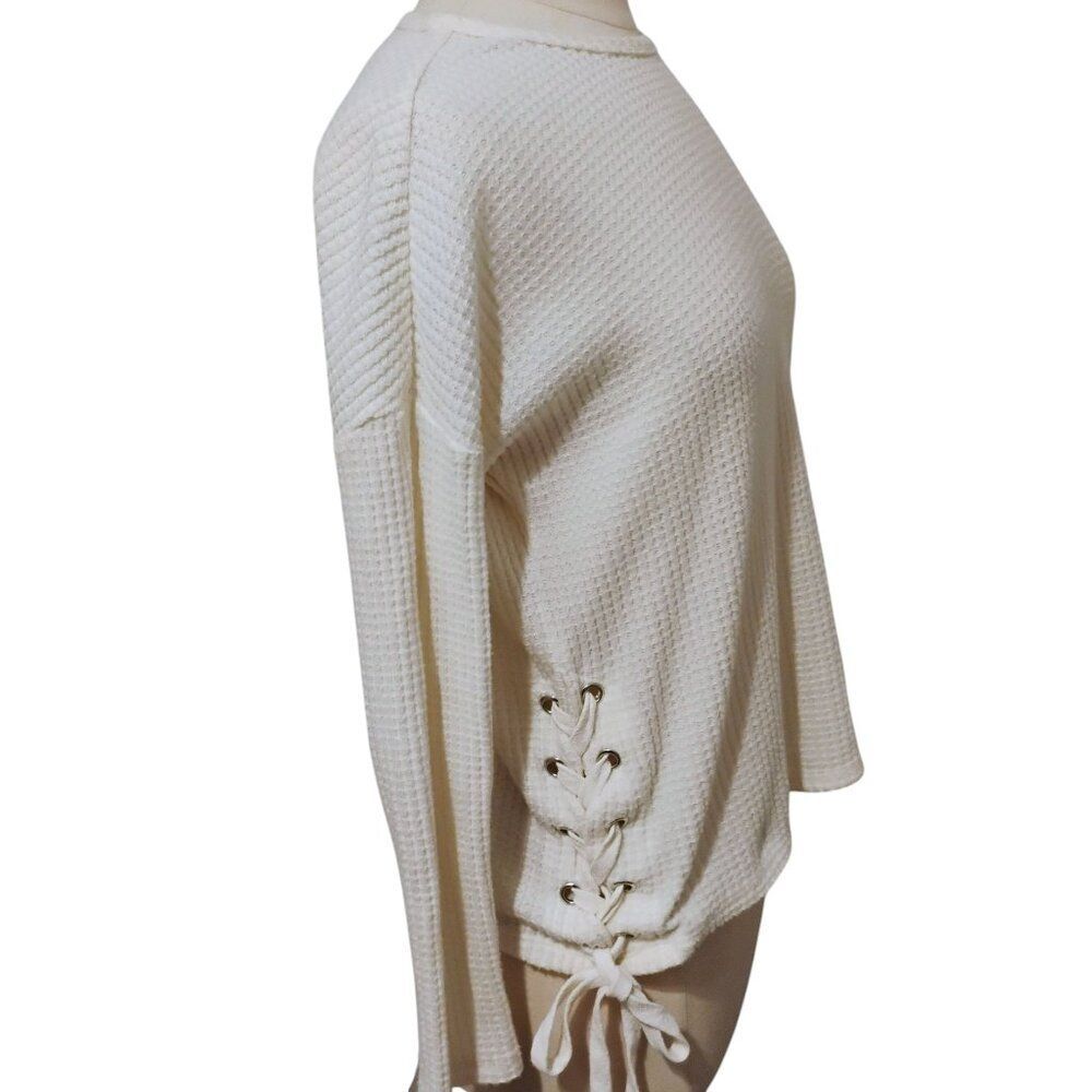 Z Supply Top Women's Thermal Waffle Knit Boho Laced Side Ties Oversized Cozy XS - Picture 4 of 13